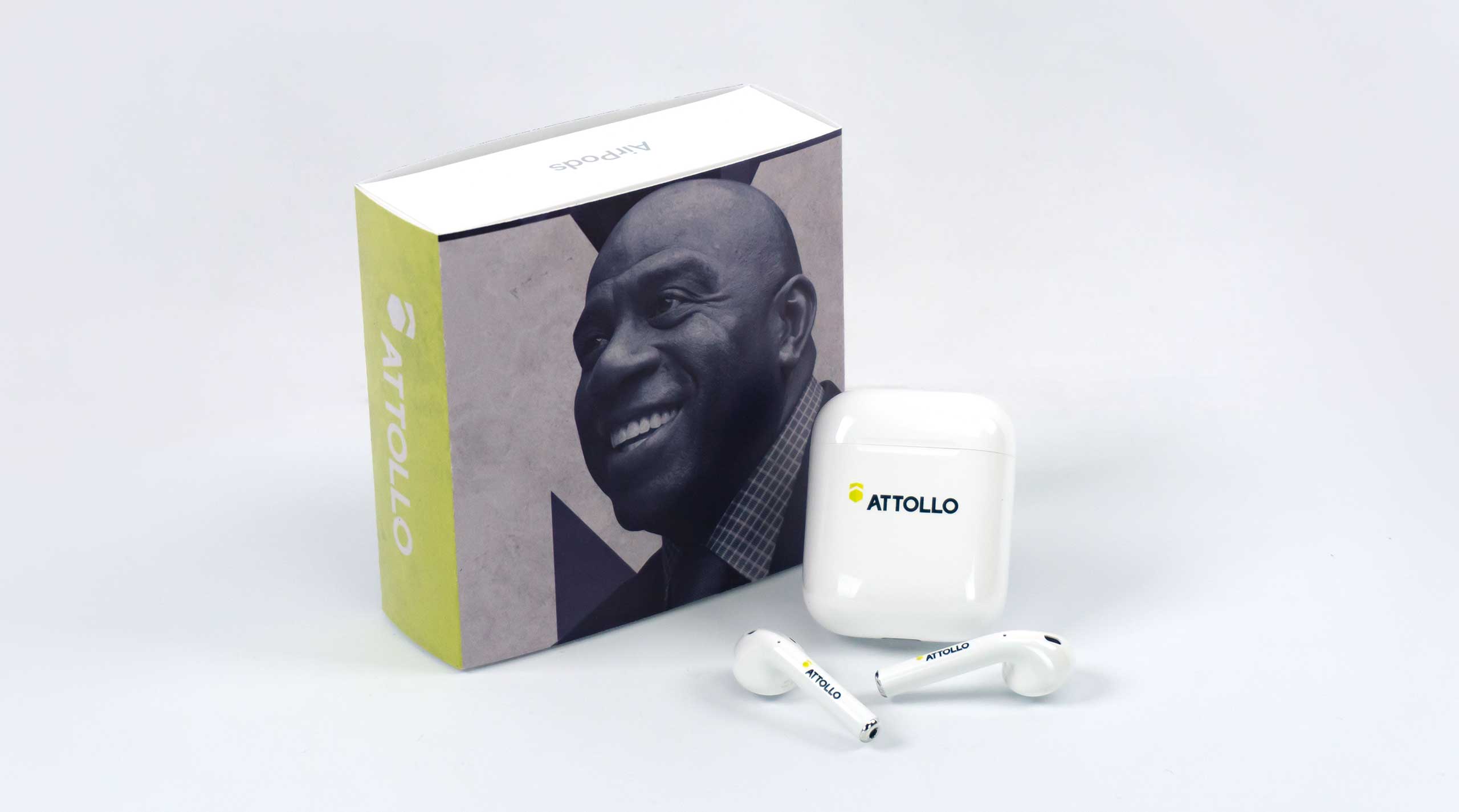 Custom branded Apple AirPods are given to event sponsors and donors of Attollo's annual fundraiser.